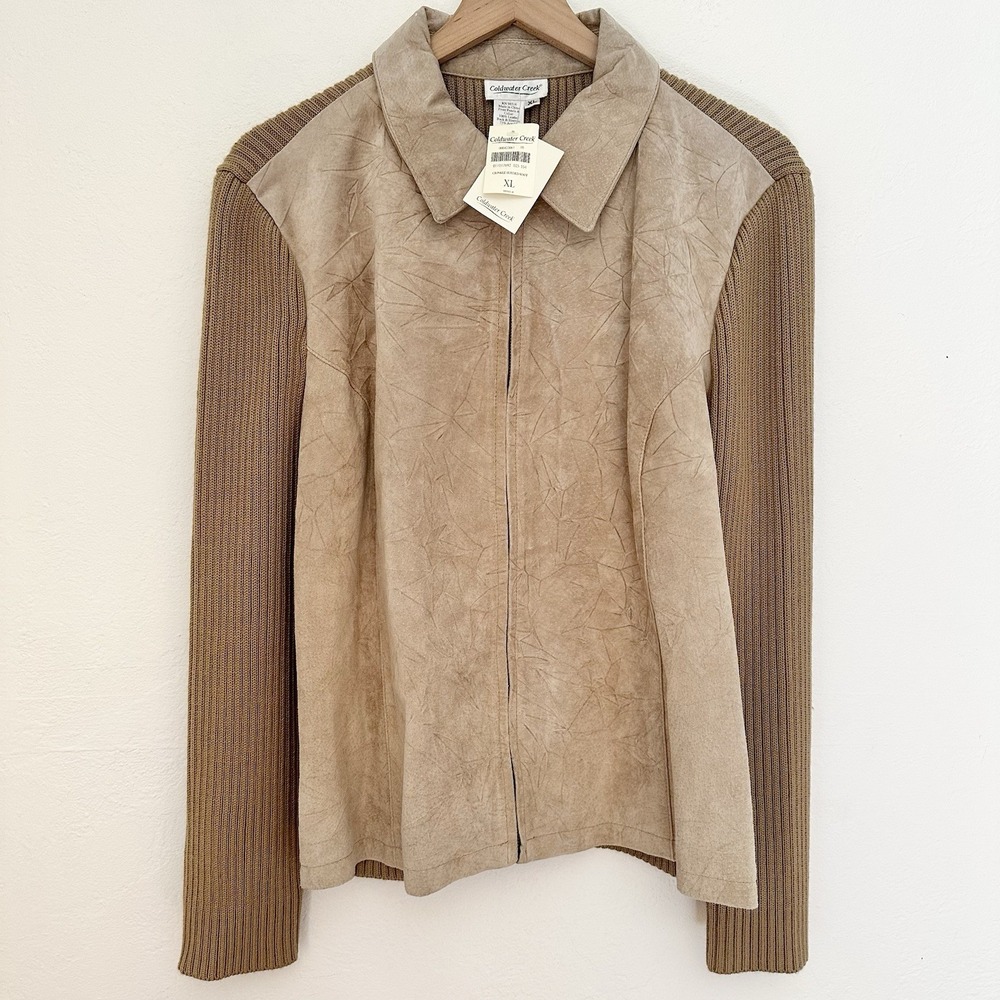 Coldwater Creek Leather Wool Knit Jacket Womens XL Tan Crinkle Suede NWT